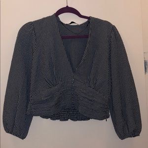 Navy Blue/White Gingham V-Neck Blouse